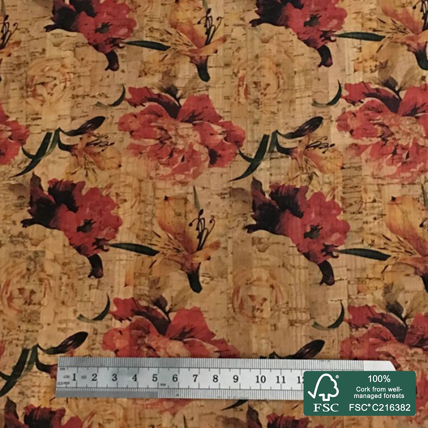 Flowers printed pattern on natural cork fabric (54)