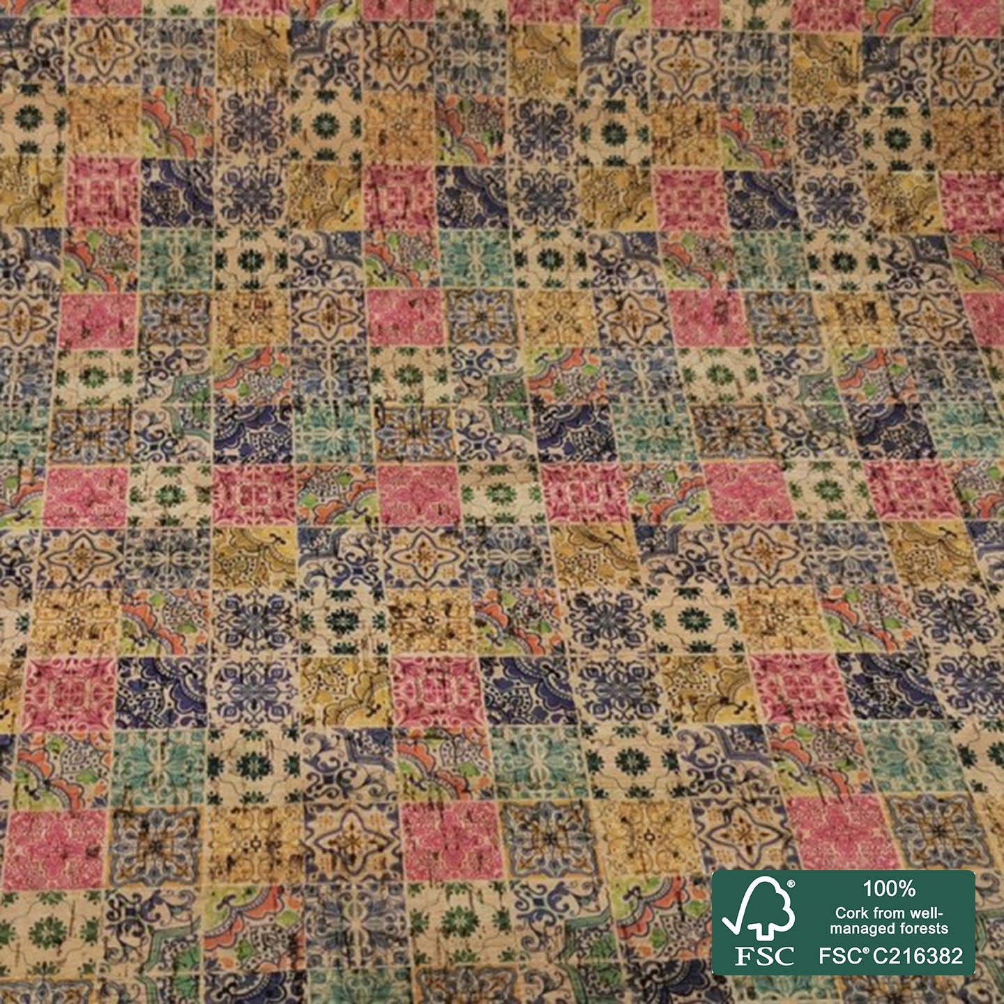 Tiles printed pattern on natural cork fabric (55)