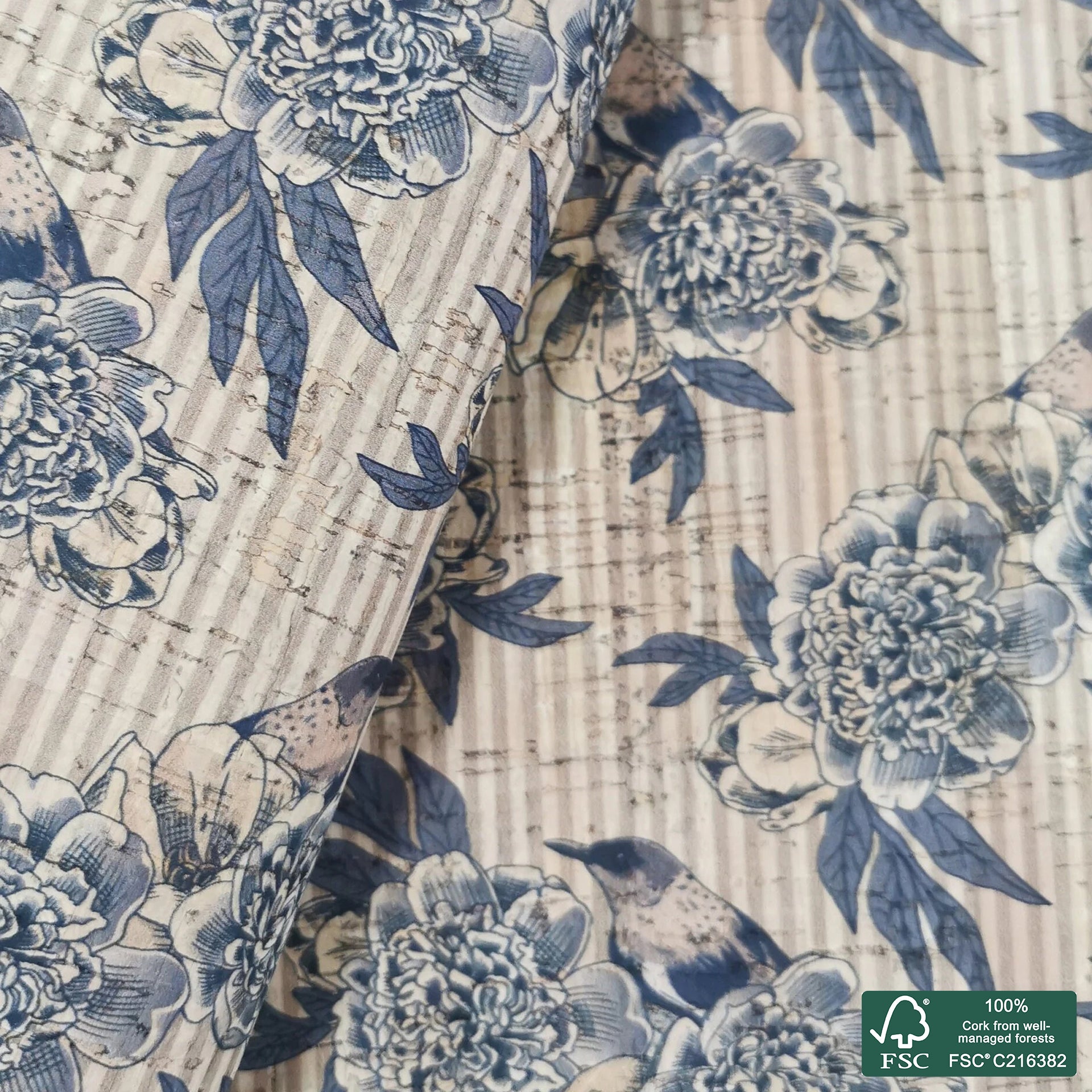 Birds printed pattern on natural cork fabric (56)