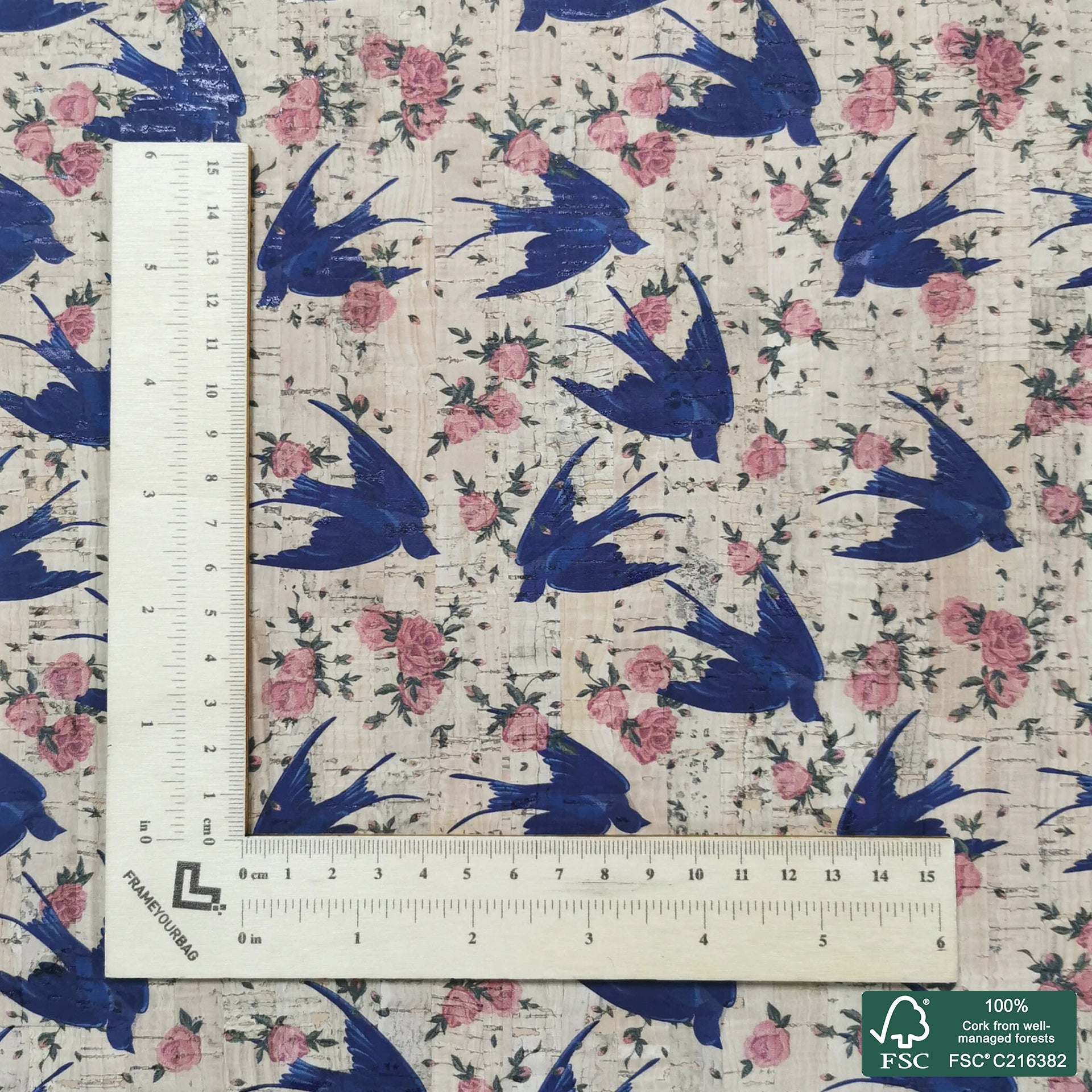 Birds printed pattern on natural cork fabric (57)
