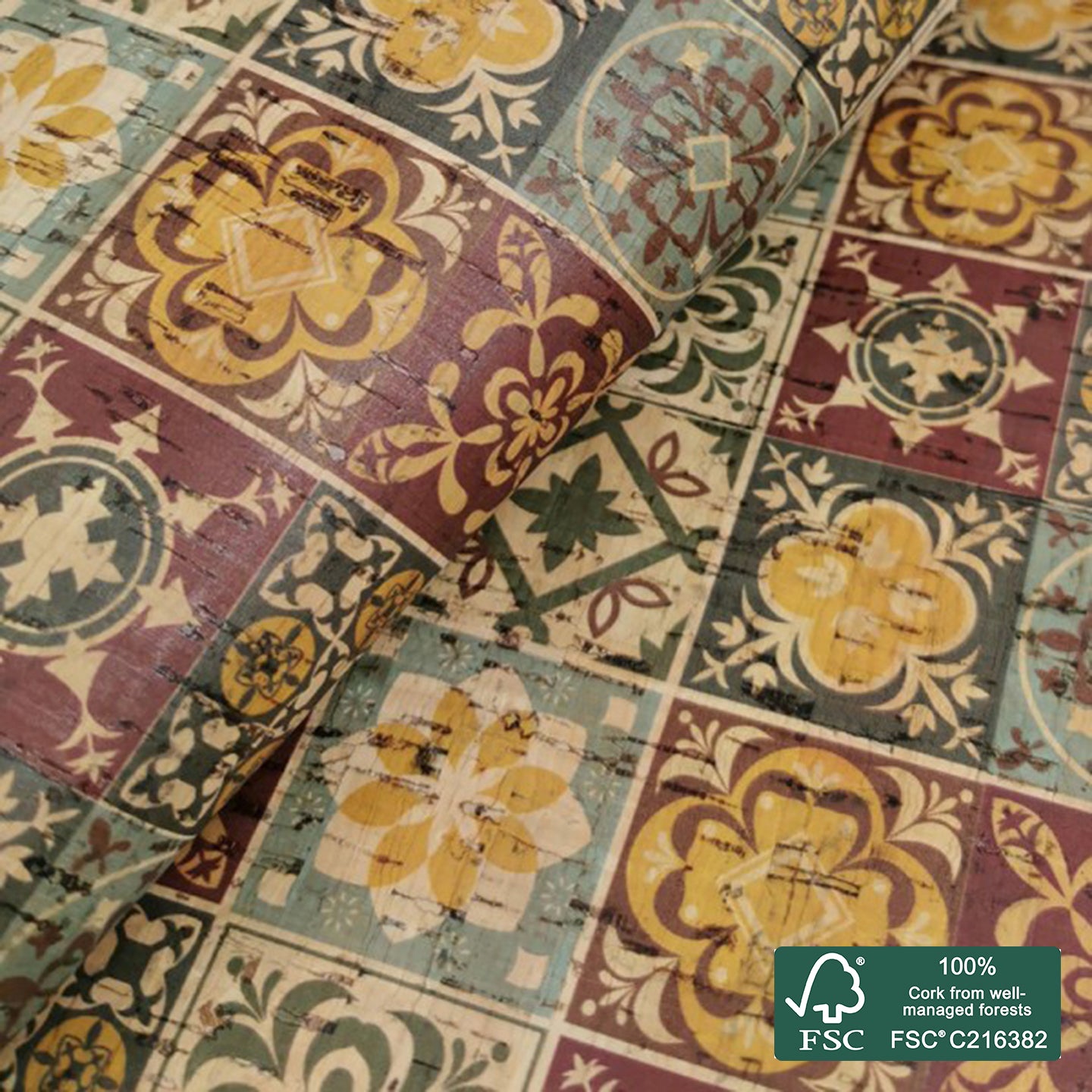 Tiles printed pattern on natural cork fabric (59)