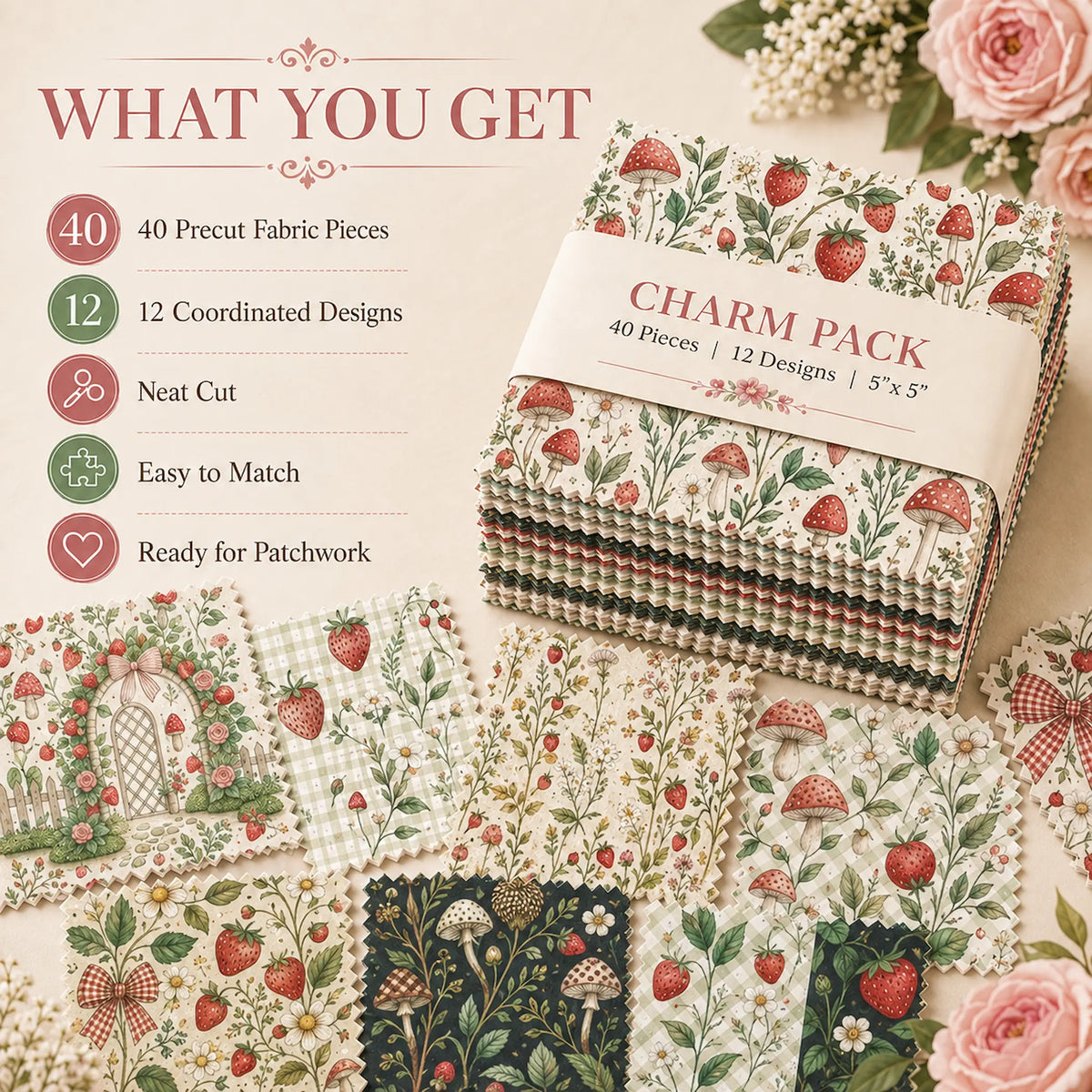 40 Pieces Cottage Strawberry Charm Printed Percale Cotton Fabric (CHP018)