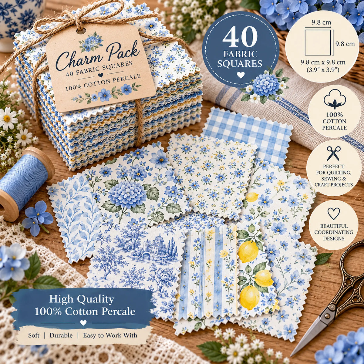 40 Pieces Blue Floral Charm Printed Percale Cotton Fabric (CHP020)