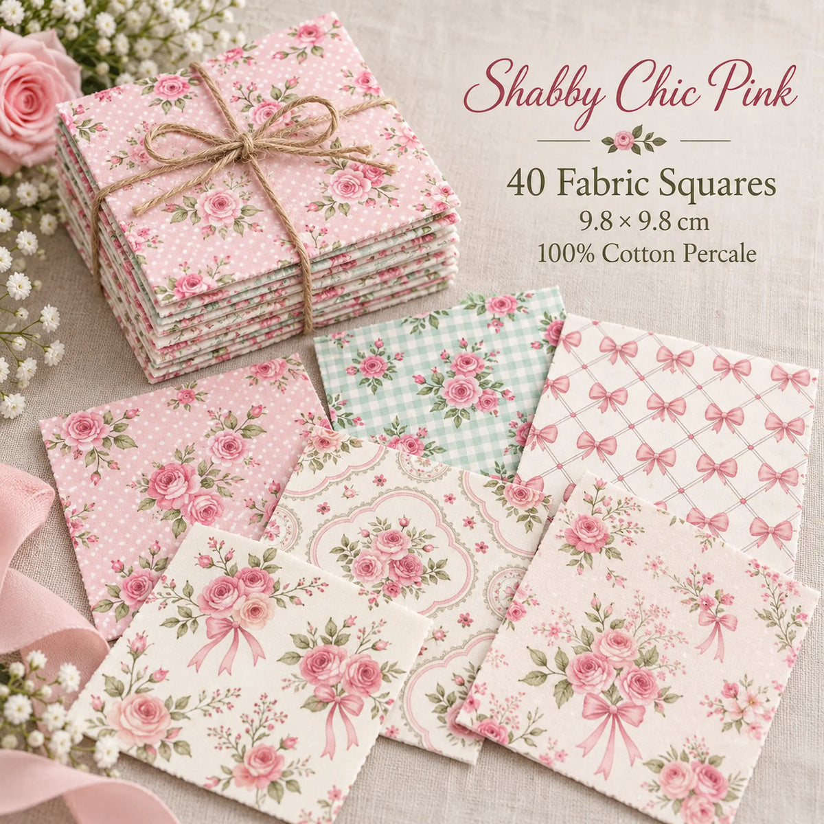 40 Pieces Shabby Chic Pink Printed Percale Cotton Fabric (CHP014)