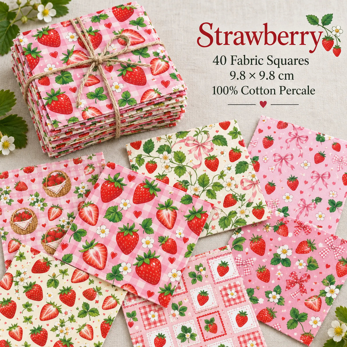 40 Pieces Strawberry Charm Printed Percale Cotton Fabric (CHP016)