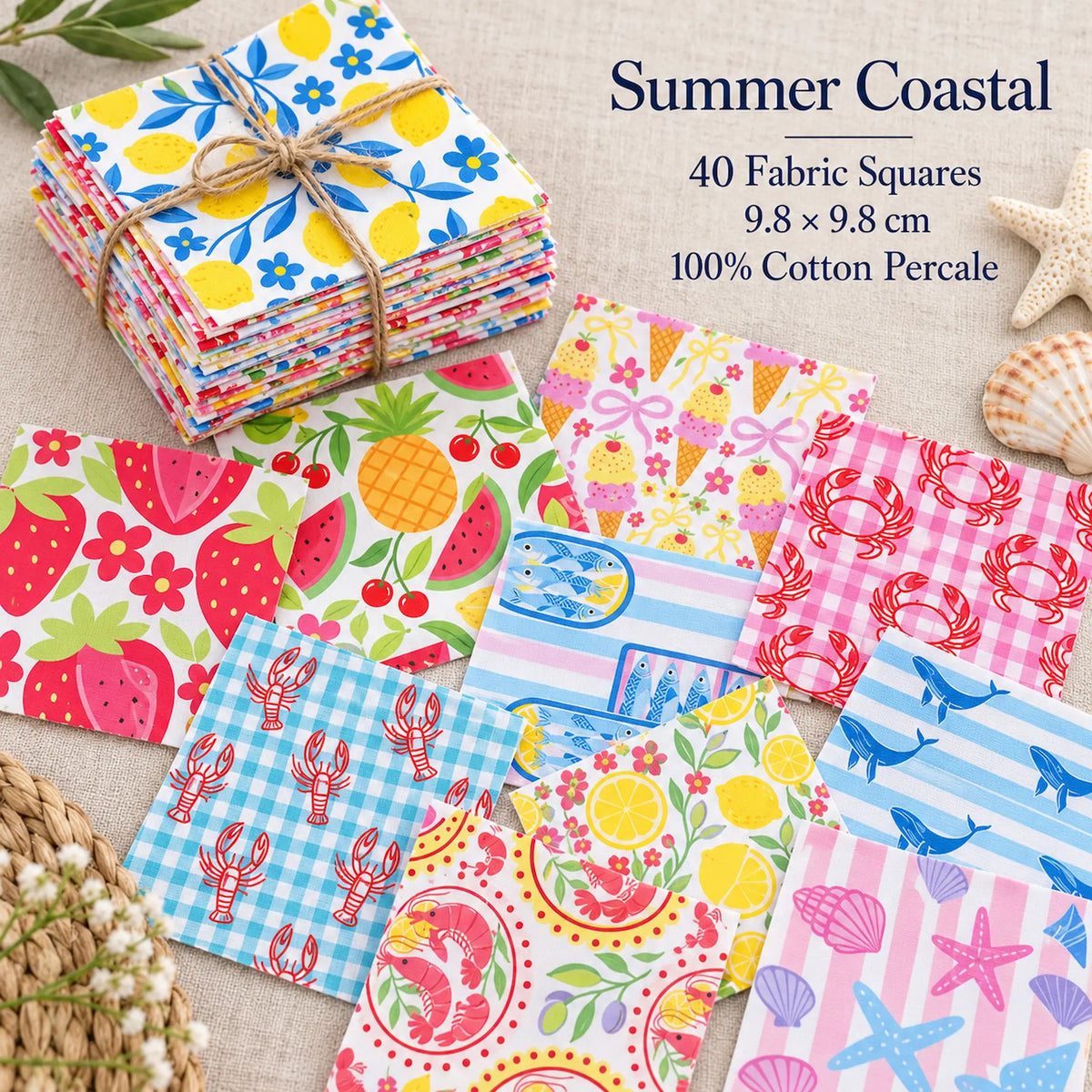 40 Pieces Summer Coastal Printed Percale Cotton Fabric (CHP012)