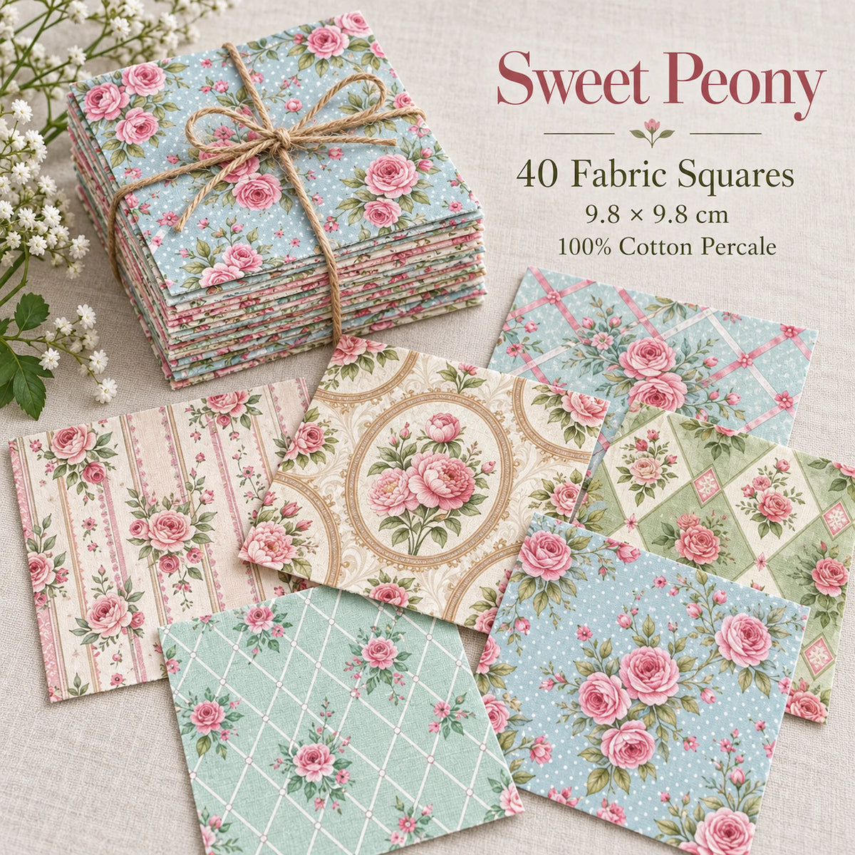 40 Pieces Sweet Peony Floral Printed Percale Cotton Fabric (CHP011)
