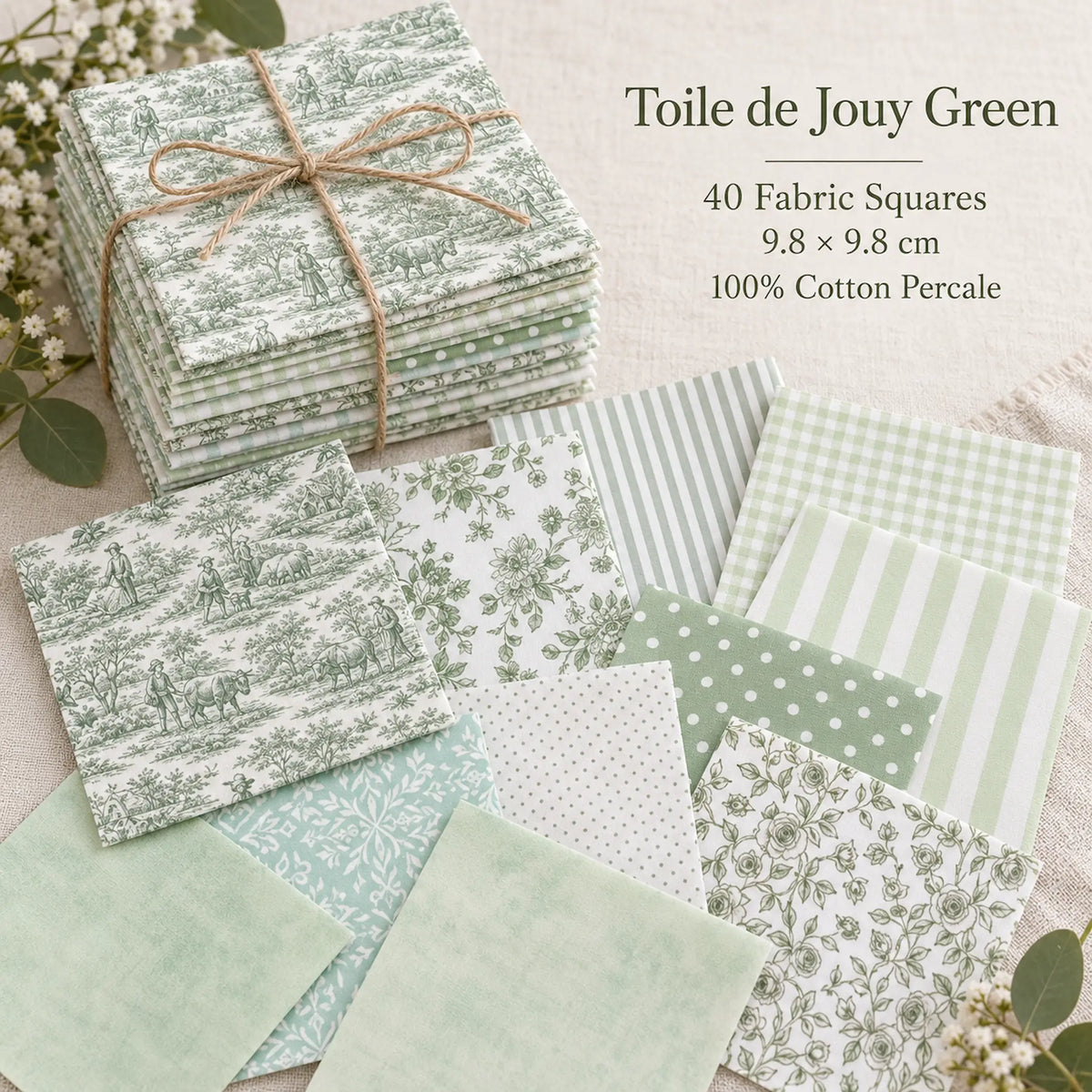 40 Pieces Green Toile de Jouy Printed Percale Cotton Fabric (CHP010)