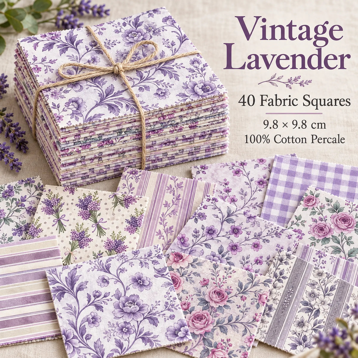 40 Pieces of Vintage Lavender Printed Percale Cotton Fabric (CHP005)