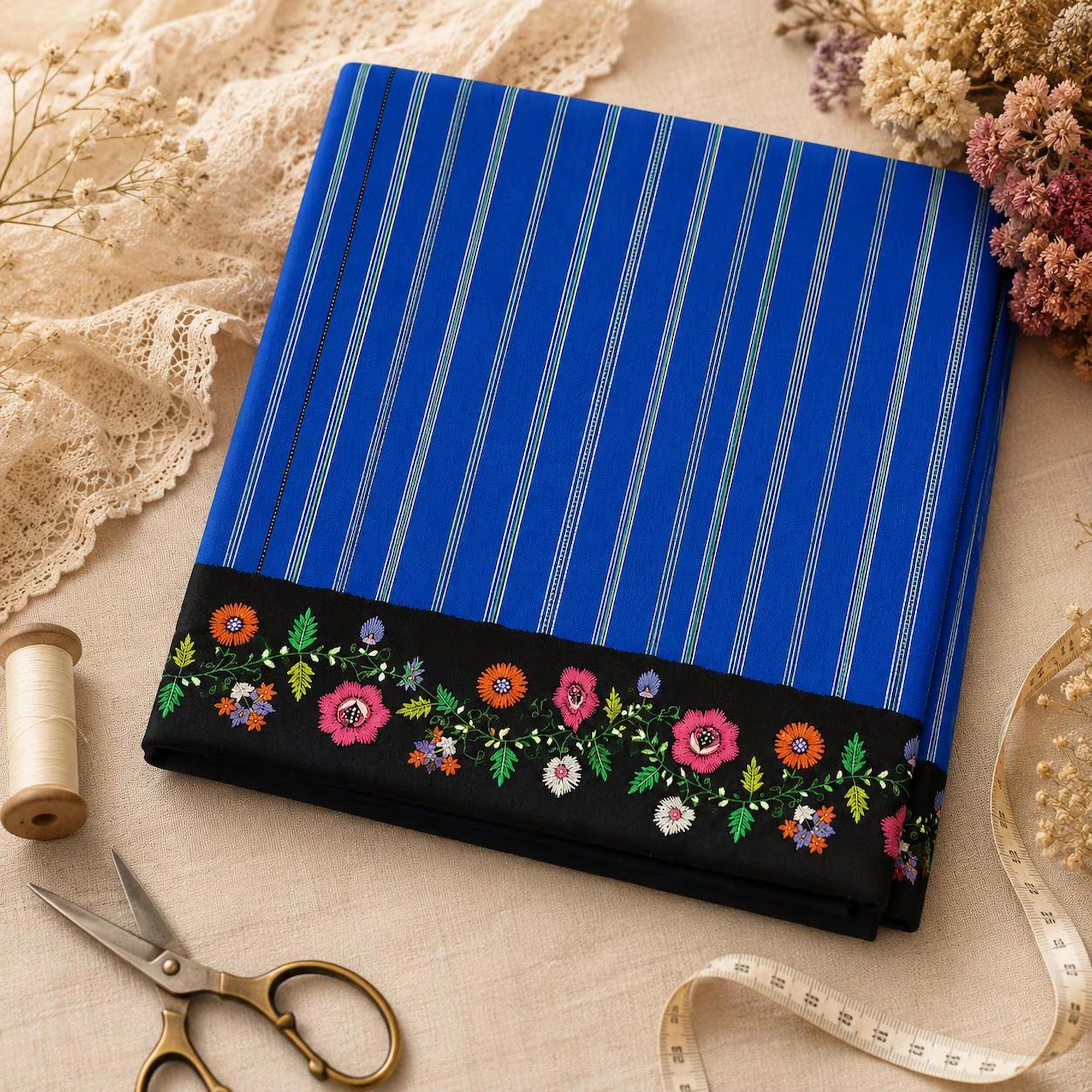 Printed cotton fabric portuguese blue folklore colorful flowers