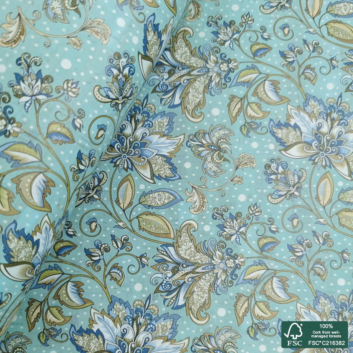 Lovely flowers printed pattern on light blue cork fabric (437)