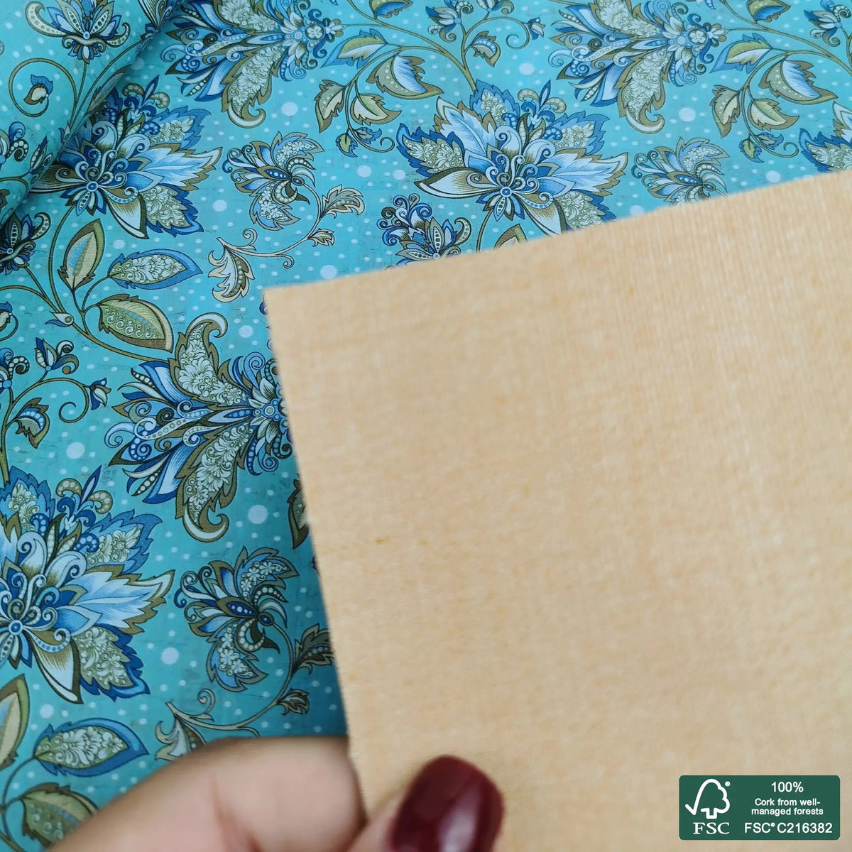 Lovely flowers printed pattern on light blue cork fabric (437)