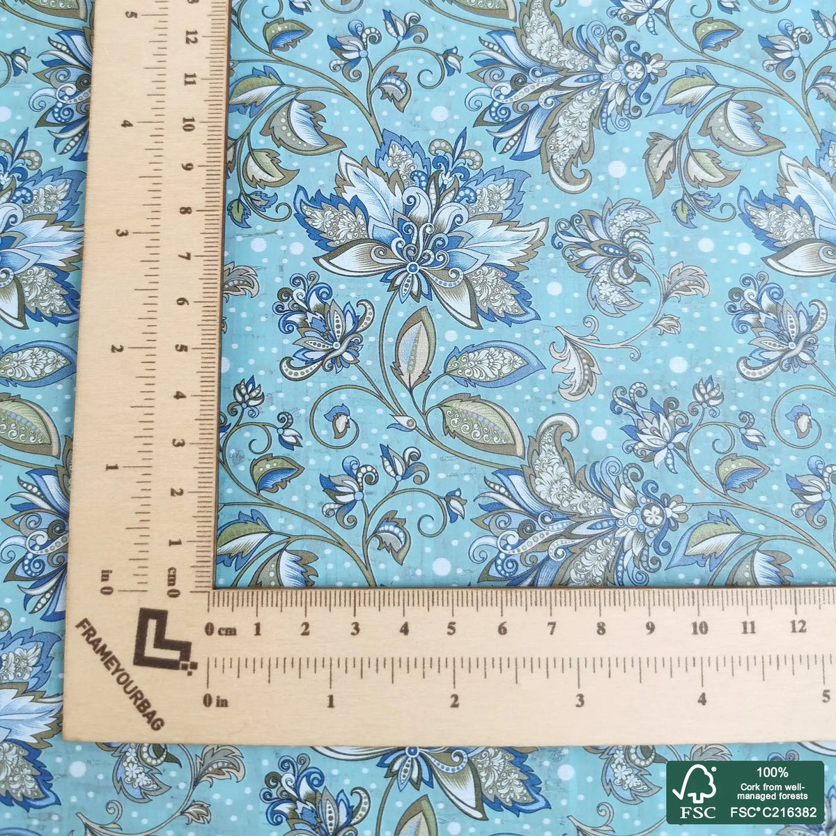 Lovely flowers printed pattern on light blue cork fabric (437)