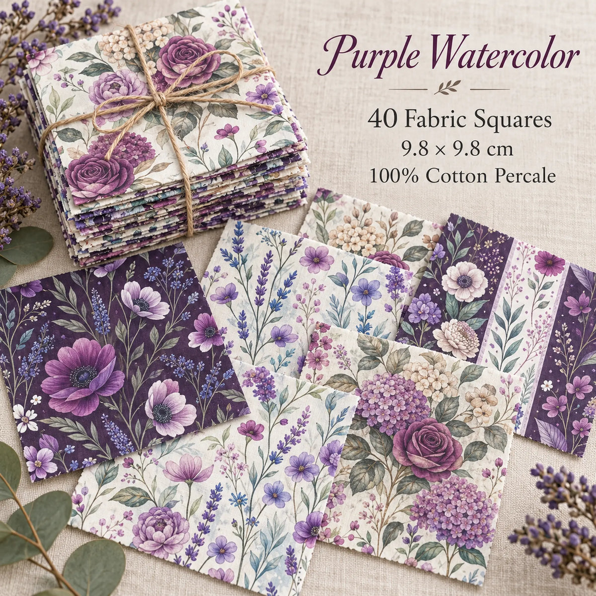 40 Pieces Purple Watercolor Floral Charm Printed Percale Cotton Fabric (CHP017)