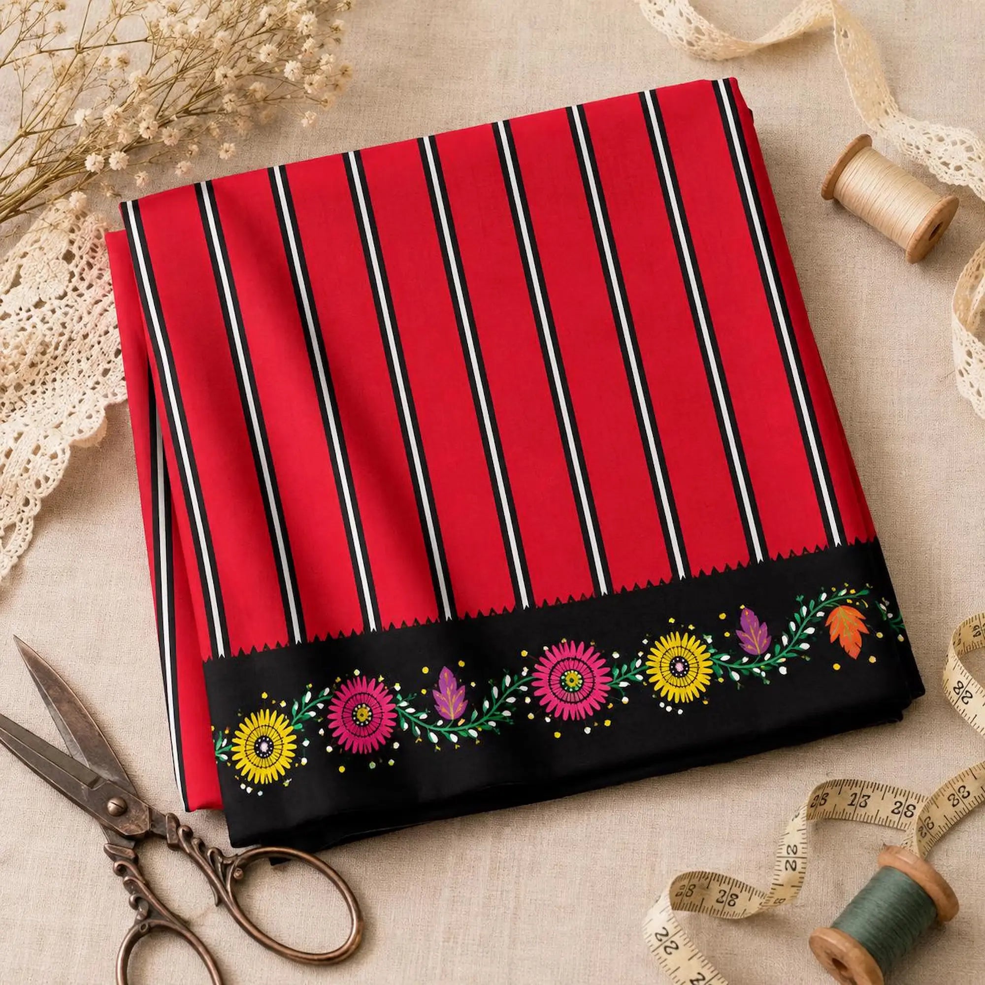 Printed cotton fabric portuguese red folklore colorful flowers