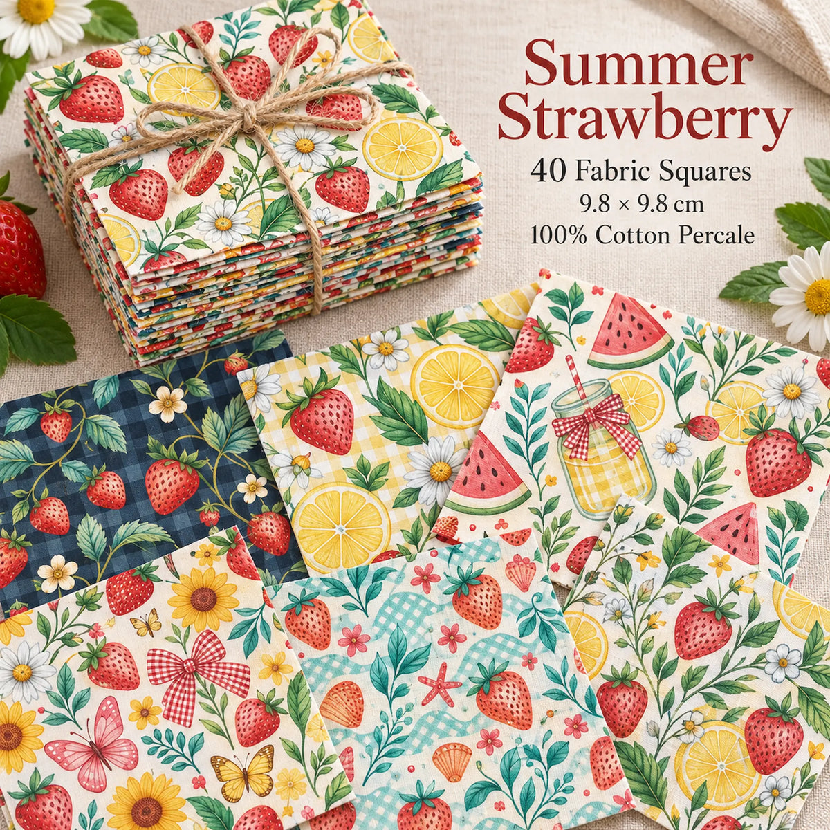 40 Pieces Summer Strawberry Printed Percale Cotton Fabric (CHP013)