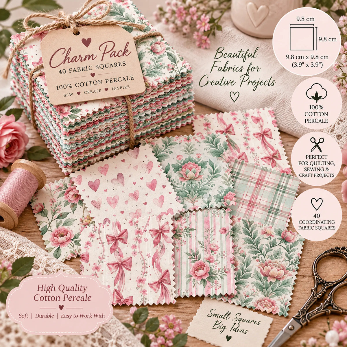 40 Pieces of Watercolor Preppy Love Printed Percale Cotton Fabric (CHP006)