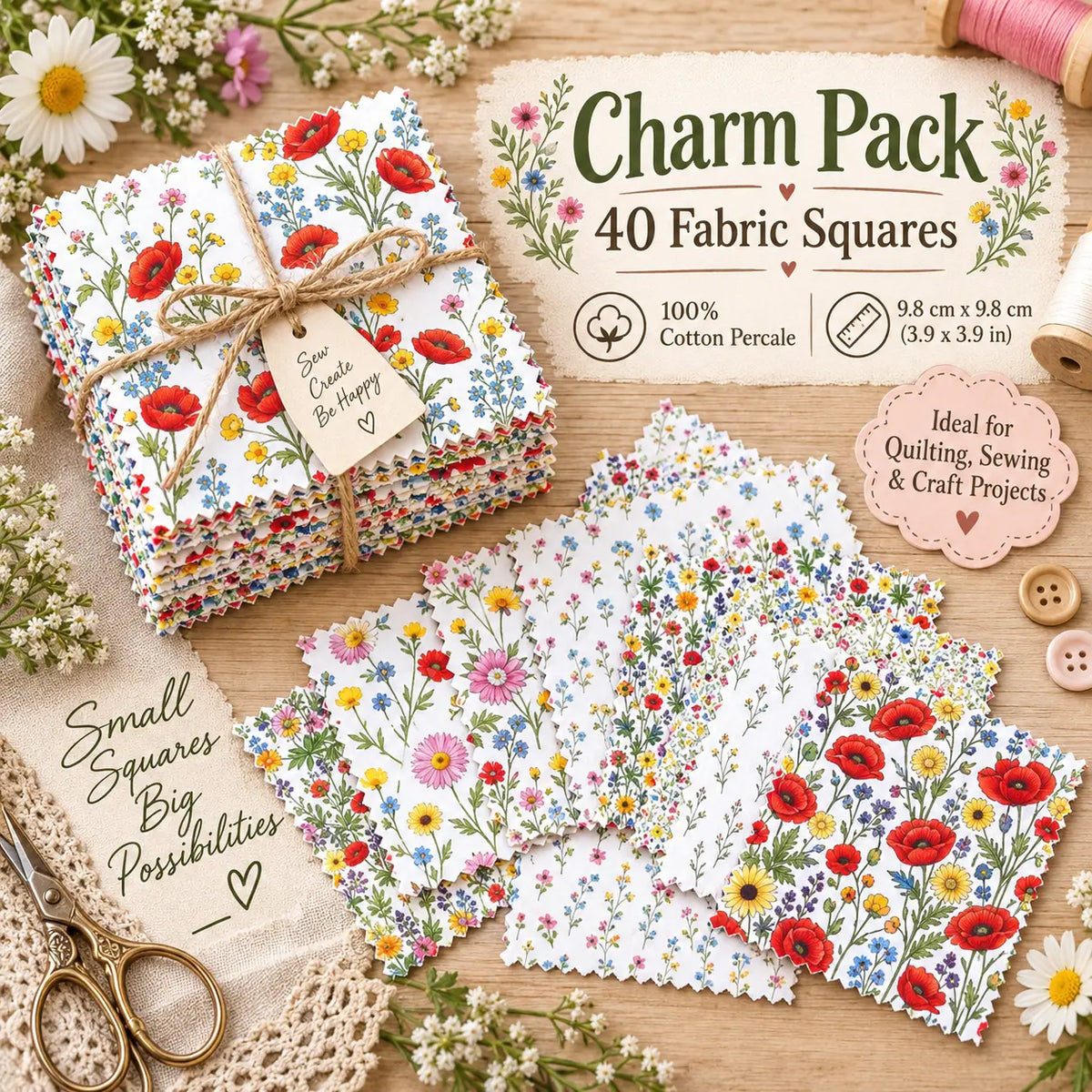 40 Pieces of Wildflowers Printed Percale Cotton Fabric (CHP001)